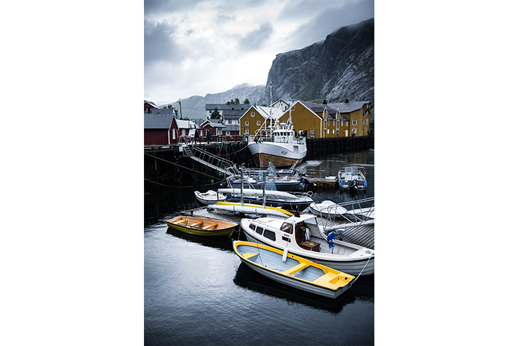 Port d'un petit village des Îles Lofoten, Norvège. format portrait.