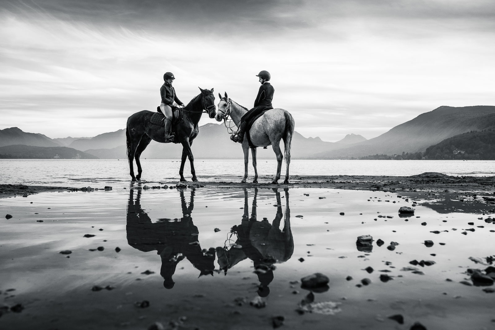 Cavalières et chevaux se promenant sur l'eau