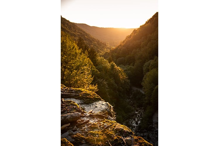 Fin d'été à la cascade du Hérisson dans le Massif du Jura, France. Format portrait.